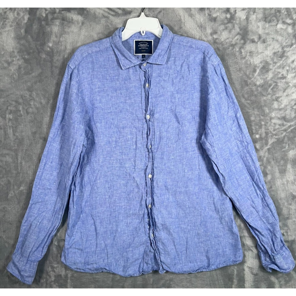 Charles Tyrwhitt Linen Button Up Shirt Mens Large Blue Slim Fit Long Sleeve